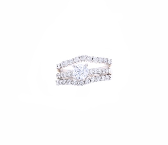 Three Piece Diamond & 14k White Gold Wedding Rings