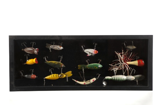 Twelve Early Fishing Lures In Display Case 1960-80