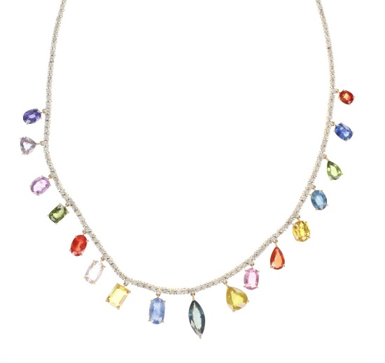 29.05ct Multicolored Sapphire Diamond 14k Necklace