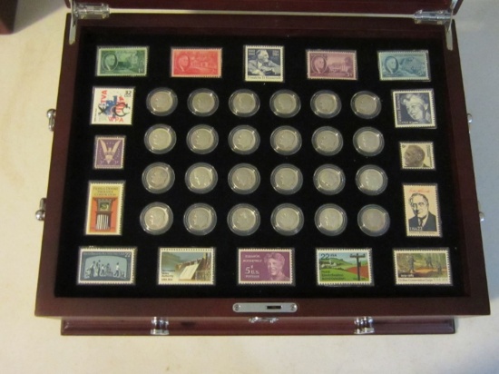 Complete Set Roosevelt Dimes In Cherrywood Box With Stamps