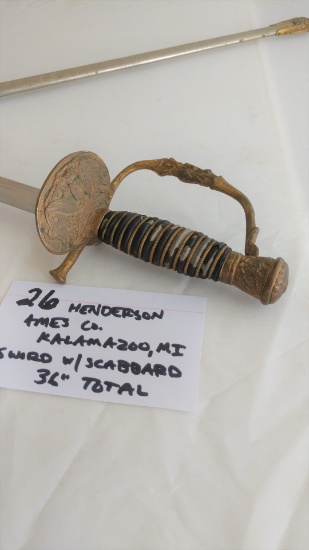 Henderson Ames Co. Kalamazoo, MI Sword with Scabbard - 36" Total