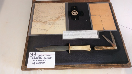 1850s Texas Ranger Badge and Knives with Letter and History Details in Case