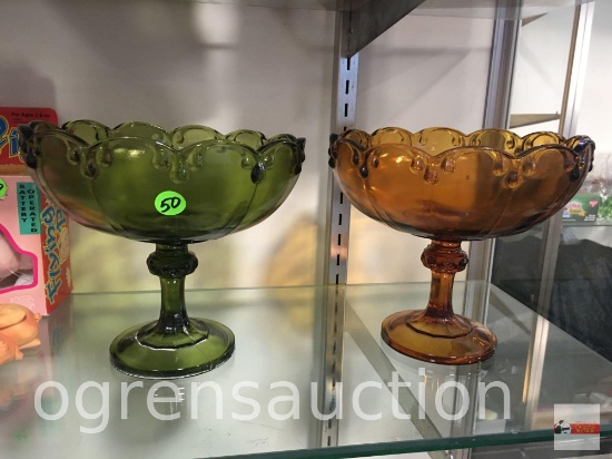 Glassware - 2 pedestal fruit bowls, green & amber, 8.5"wx7.5"h