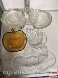 Glassware - apple bowl, leaf dish, vintage oval serving dish, 7 heart dessert plates etc.