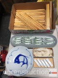 Asian - lg. lot bone/plastic chopsticks, 12 double fish chopstick holders, bowls etc.