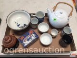Asian dishes, teapots, covered box, cups