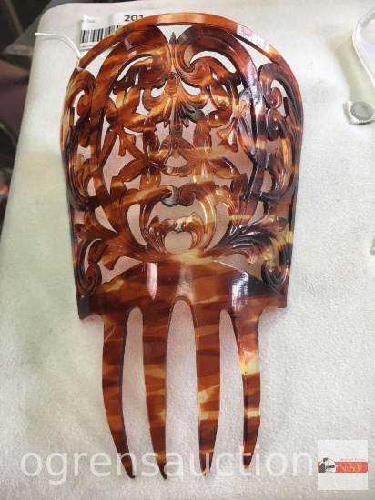 Woman's hair comb, ornate, tortoise shell like, 6"hx4.25"w