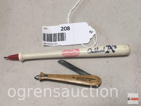 Advertising - Oakland A's "Bat" pen and Jr. Legion baseball, Ottumwa, Iowa pocket knife
