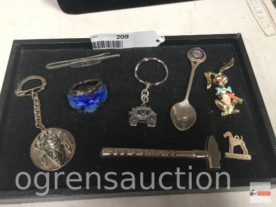 Jewelry & advertising - keychains, art galss ring, See's hammer, Chicago spoon, rabbit brooch