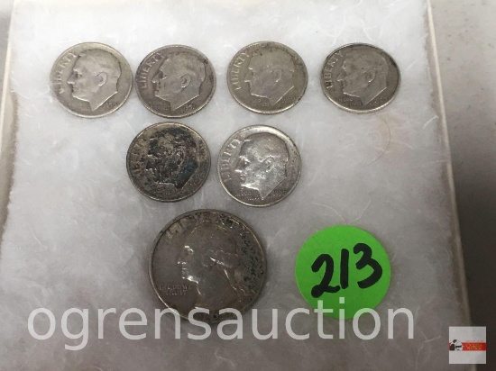 Coins - 7 silver coins - 6 Dimes 50's-60's, 1 quarter 1960