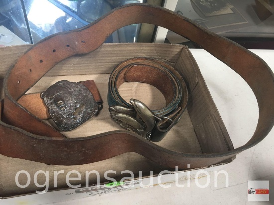 2 leather belts w/buckles - Bergamot Brass Works 1978 bear & 3 dolphins