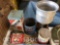 Vintage coffee cans, coffee insert w/ glass regulators, cracker tin