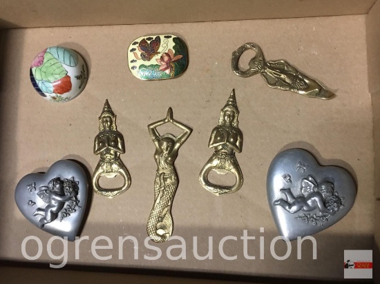 4 Eastern Figural bottle openers, cupid hearts, 2 lids