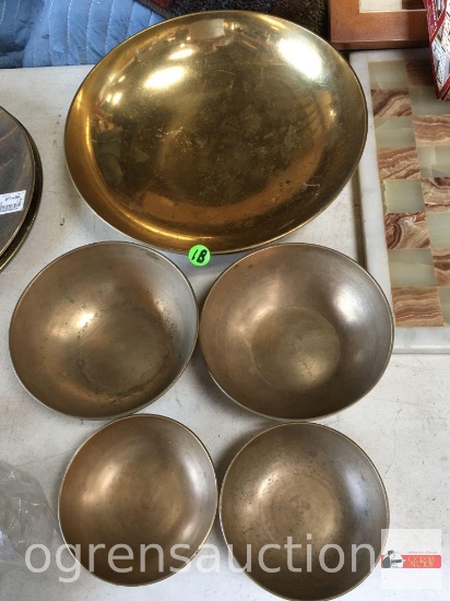 Brass bowls, 5, 1 lg. 12"w and 4 smaller