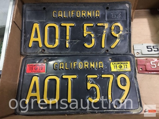 Vintage license plates, pair 1963 and date cut outs, '54, '55