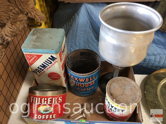 Vintage coffee cans, coffee insert w/ glass regulators, cracker tin