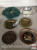 6 items - 2 change trays, cast trivet, 1960 silverplated dish, Liberty dish, Greek plate