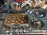 Kitchenware - metalware, napkin rings, stainless steel bowl, strainers