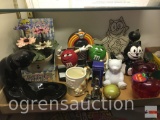 Collectibles - Felix the Cat, M & M's, Dancing flowers, Figural cat dish, bear, bell, plastic apple