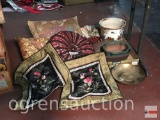 Asian pillow covers, planters, brass bowl, fan etc.