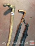 Wood carved cane and 2 vintage umbrellas