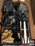 Clothes - men's tux accessories - gold cummerbund, silk suspenders, 2 vests (1 reversible) & bow tie
