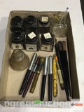 Vintage ink bottles, nib Pens, pencils