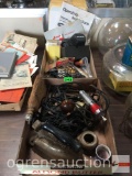 Camera case, electrics cords, Vintage Sterling clothes iron, porcelain door knob etc.