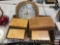 4 wooden dovetailed file boxes and wood trimmed wall clock