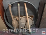 Tools - double headed Axe, Pick and Maddox plus iron ring and basket lids