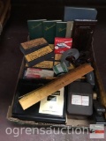 Vintage office/classroom supplies - chalkboard erasers, wooden rulers, notebooks, 1966 calendar base