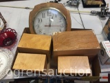 4 wooden dovetailed file boxes and wood trimmed wall clock
