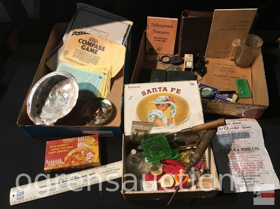 Vintage ephemera and collectibles - Compass game, cigar box, ruler, stones