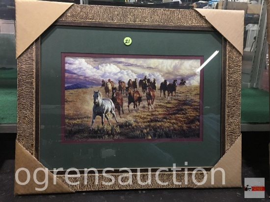 Artwork - Decor art, ornate frame, green matted, horse pack, 21.5"wx17.5"h