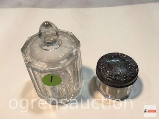 Dresser jar w/ sterling lid 1.5"h and glass covered jar 4"h