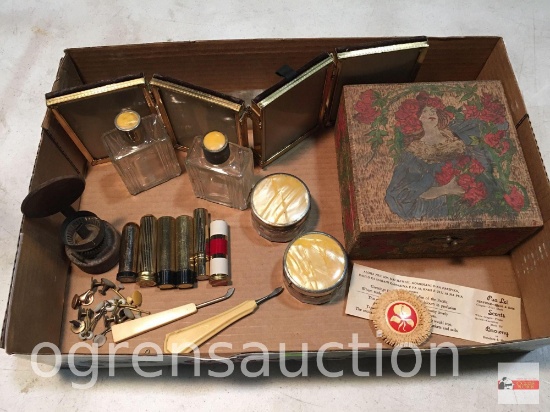 Collectibles - dresser box, vanity jars, shoe hooks, vintage lipsticks, perfumes cuff links etc.