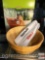 Newport lg. wooden salad bowl and wooden fork and spoon, new in box, 13