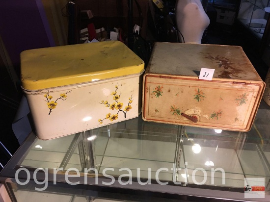 Vintage kitchen collectibles - 2 tin bread boxes, 13"wx11.5"dx7"h and 13"wx9"dx7.5"h