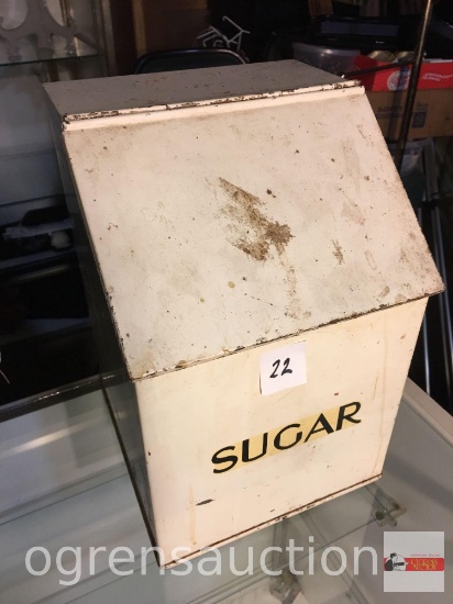 Vintage tin sugar bin, 8.5"wx8.5"wx13"h