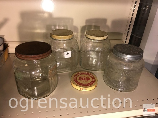 3 vintage glass coffee jars, 8.5"h