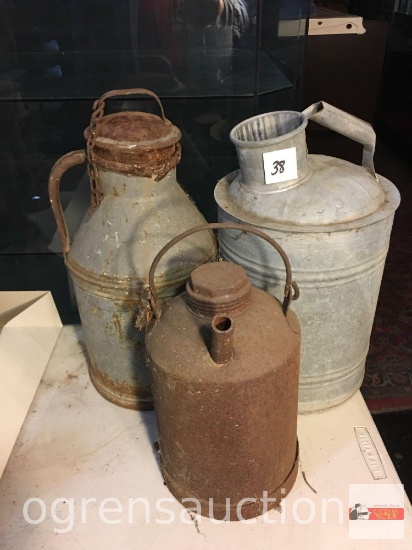 3 vintage bulk oil cans, 13"h, 15"h, 17"h