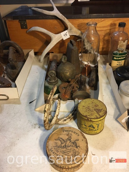 Vintage advertising tins, bells, bill hooks, horseshoe wall hook, antlers etc.