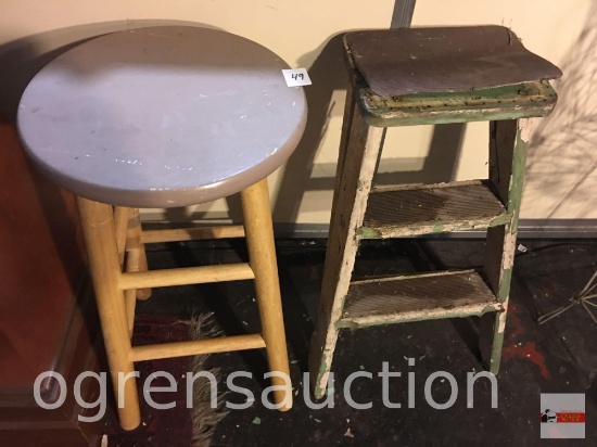 2 wooden items - stool 24.5"h and step ladder 23.5"h