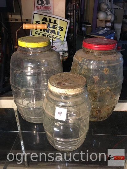 Glassware - 3 lg. barrel jars, 1 w/ wooden bail handle, 10"h, 13.5"h, 14"h
