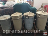 4 garbage cans w/lids, Rubbermaid, 1 Galvanized