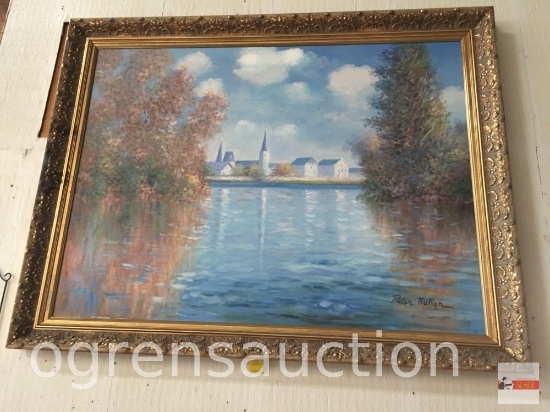 Artwork - Lg. Oil on canvas, signed Peter Miller, very ornate frame, 43"hx54"w