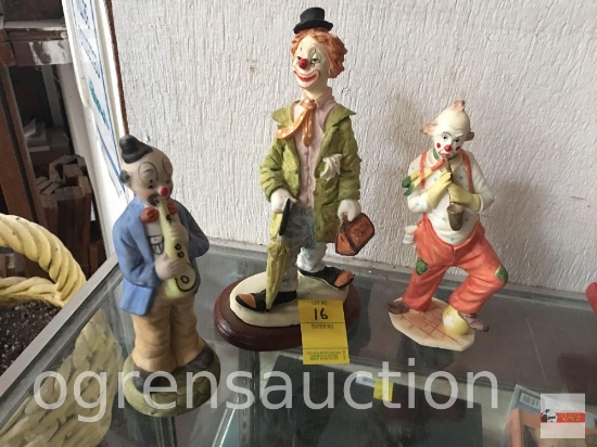 Figurines - 3 clowns, 7.5"h, 8"h, 9.5"h