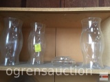 Glassware - 3 glass hurricane globes, 1 base, 11.5