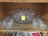 Punch bowl, 12 cups and glass ladle