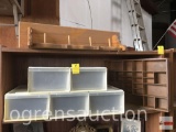 Wooden wall shelf with hooks and 5 plastic drawer bins and shadowbox wall shelf
